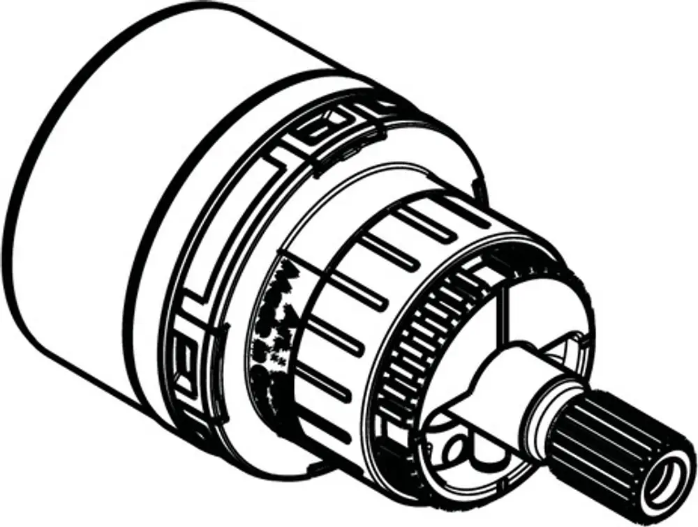 Axor Kartusche mit einem zylindrischen Gehäuse und einem verstellbaren Griff für Wasserregulierung, abgebildet in schematischer Darstellung.